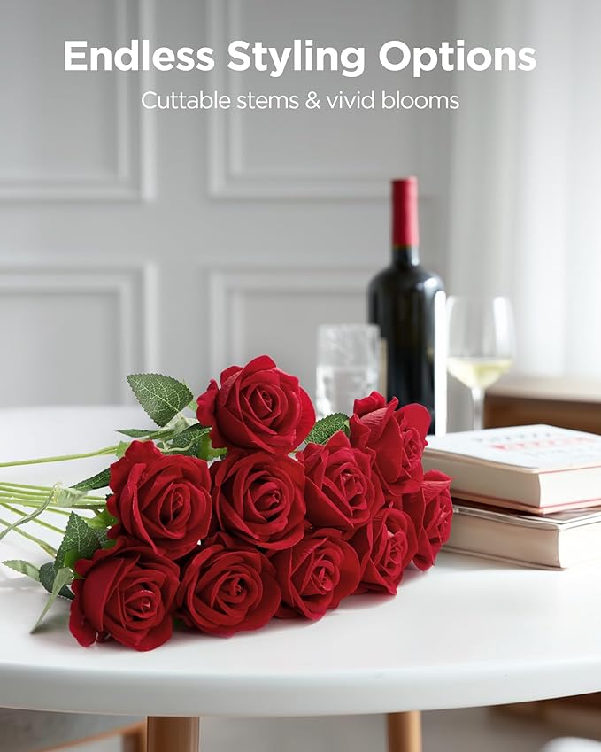 InnoGear 50 Pcs Red Roses Artificial Flowers, Fake Velvet Silk Rose Bulk Faux Flower for Valentine's Gift Decoration DIY Wedding Centerpieces Proposal Bridal Bouquets Party Floral Decor (50, Red)
