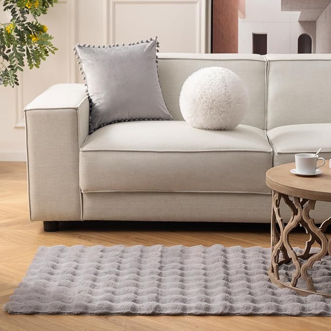 Ashler Faux Rabbit Fur Rug, Light Grey 4x6 FT Fluffy Soft Area Rug, Rectangle Fuzzy Carpet for Living Room, Bedroom, Machine Washable - 3D Bubble Mat