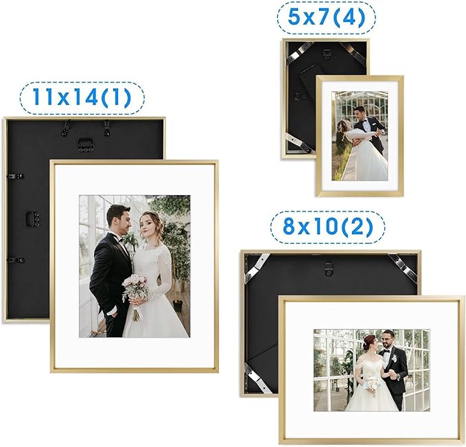 Golden State Art, Picture Frame Set 7 Pack, Gallery Wall Frame with One 11x14, Two 8x10, and Four 5x7. Aluminum Photos Frame for Wall or Tabletop Display (Style 1, Gold, 7 Pack)