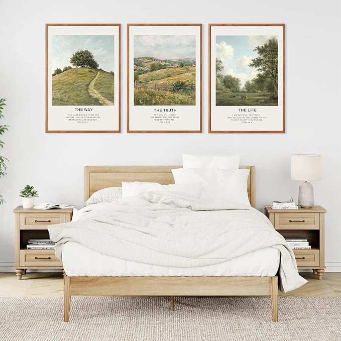 LHIUEM Christian Bible Verse Framed Canvas Wall Art,Vintage Jesus Wall Decor,Religious Scripture Landscape Painting,Natural The Way The Truth Artwork for Living Room,Bedroom,Dining Room -24"x36"x3