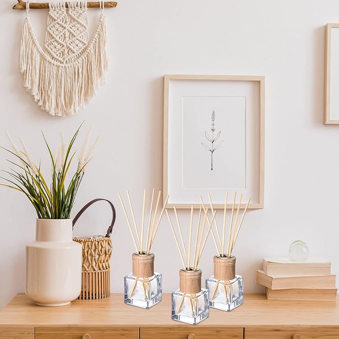 Roshtia 6 Set Reed Diffuser Bottle Empty Refillable Fragrance Glass Diffuser Bottles with Wooden Caps Rattan Sticks 50ml 1.7 oz Square Glass Jars for DIY Fragrance