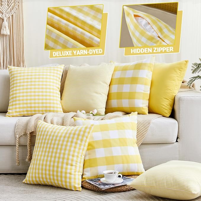 CARRIE HOME Yellow Gingham Checkered Throw Pillow Covers 18x18 Set of 2, Neutral Modern Farmhouse Yellow Outdoor Pillows 18 x 18 for Porch Patio Furniture (No Pillow Inserts)
