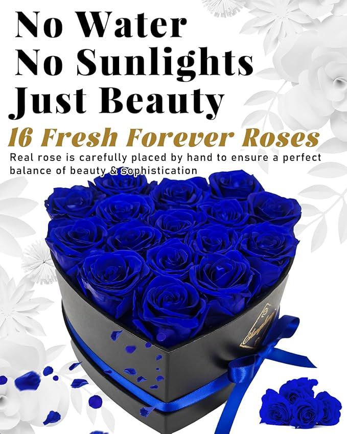 Changshunqi 16 Flowers Forever Preserved Roses in Box, Forever Flowers Womens Birthday Gifts for Women Mothers Blue Rose Gift for Her Romantic Eternal Real Rose for Women Mom Wife