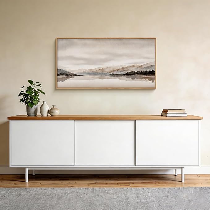 LHIUEM Abstract Mountain Brown Framed Canvas Wall Art,Neutral Watercolor Landscape Wall Decor,Minimalist Grey Beige Lake Artwork for Living Room,Bedroom,Dining Room,Office -20"x40"x1