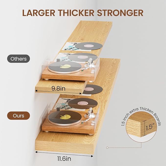 Heimlove 12 Inch Deep Floating Shelves for Wall, 55x12 Mounted Shelves for Bedroom Living Room Bathroom Kitchen Home Office, Set of 2, Oak