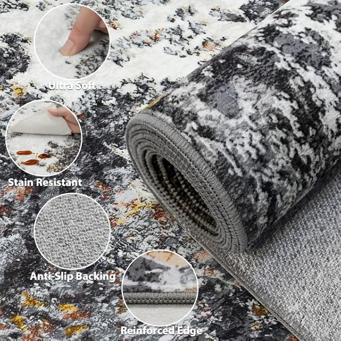 Washable Rug 6x9 Area Rugs: Soft Large Living Room Rug with Anti-Slip Backing Non-Shedding Stain-Resistant Modern Abstract Carpet for Bedroom Dining Room Nursery Home Office-Gray/Multi