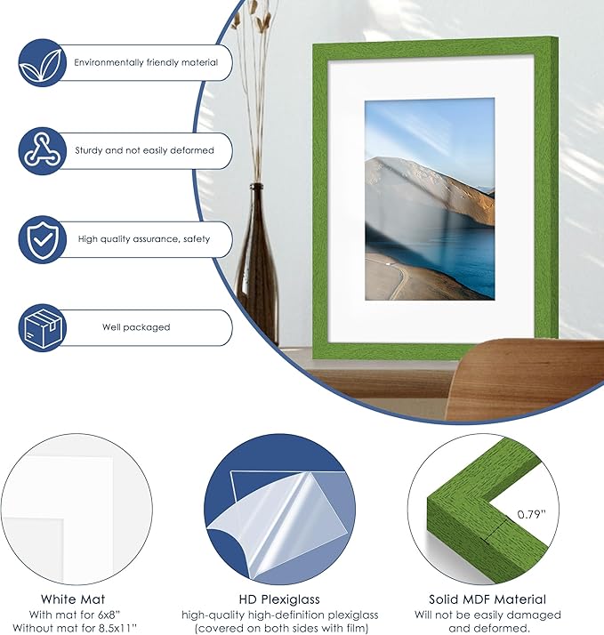PEALSN 8x10 Picture Frame Set of 6, Display Pictures 5x7 with Mat or 8x10 without Mat for Wall Mounting or Table Top Display, Photo Frames Collage for Wall Decor, Green