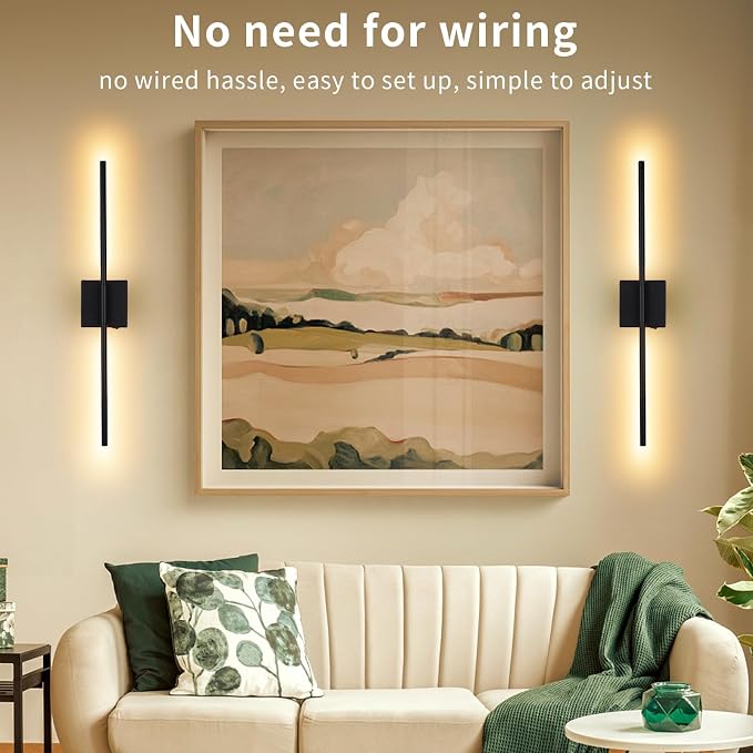 Battery Operated Wall Sconce Set of Two, Black, 28.3 inch | Remote Control, Rechargeable & Dimmable, Wireless, Peel and Stick Install, Timer Function