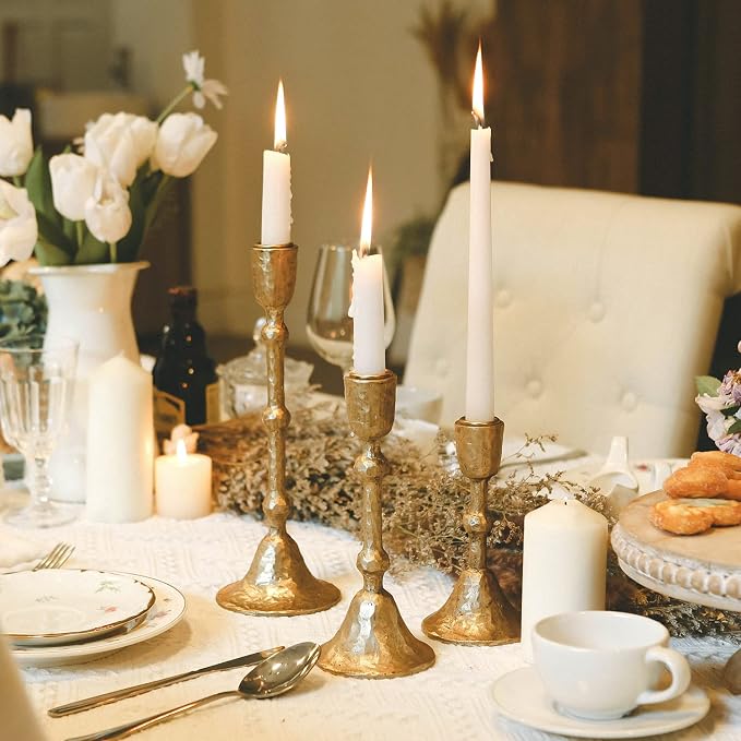 NIKKY HOME Vintage Elegant Gold Hammered Taper Candle Holders Set of 3 | Classic Decorative Resin Candlestick Stand, Perfect for Table Centerpiece, Mantels, Weddings, Dinners, Festive Events
