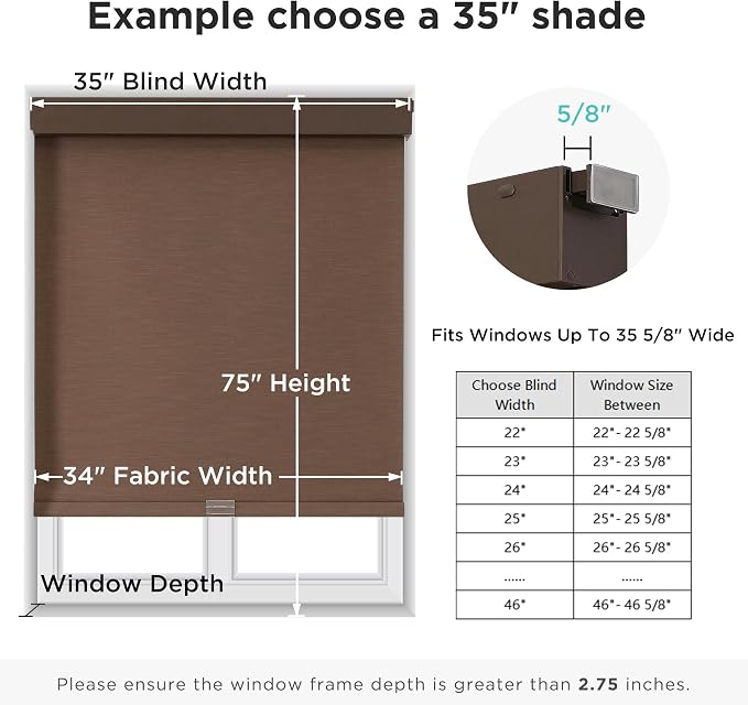 Joydeco No Drill Blackout Shades, Free-Stop Cordless Roller Shades, UV Protection, Thermal Insulated Blinds for Indoor Windows, Easy Install Window Blinds for Home and Office (Coffee, 22" W X 75" H)