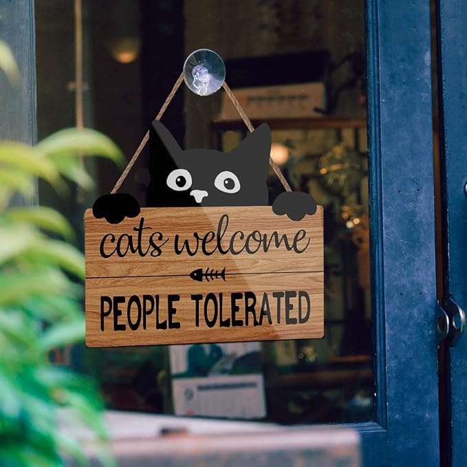 LHIUEM Funny Cat Welcome Sign,Cats Welcome People Tolerated Kitty Kitten Wooden Plaque,10X11 inches Black Cat Wall Decor, Funny wood Sign For Pet Shop Home,Cat Lover Gifts