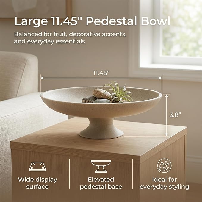 Beige Decorative Fruit Bowl, 11.45" Large Modern Pedestal Bowl for Kitchen Counter, Coffee Table, Entryway Table, Centerpiece Catch All Key Bowl