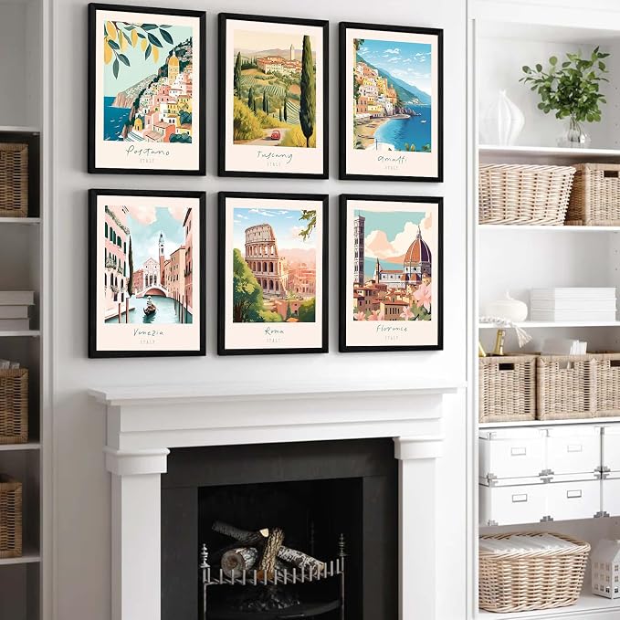 Italian Italy Wall Art Decor Amalfi Coast Travel Poster Italy City Canvas Wall Art Vintage Landscape Beach Painting Artwork Modern for Bedroom Living Room 8x10 Prints Wood Framed Set of 6