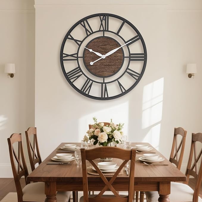 Pytha Sight 24 Inch Large Oversized Farmhouse Modern Decorative Wall Clock for Living Room,Silent Industrial Big Roman Numerals Vintage Metal Round Wall Clocks for Kitchen,Dinng Room,Office
