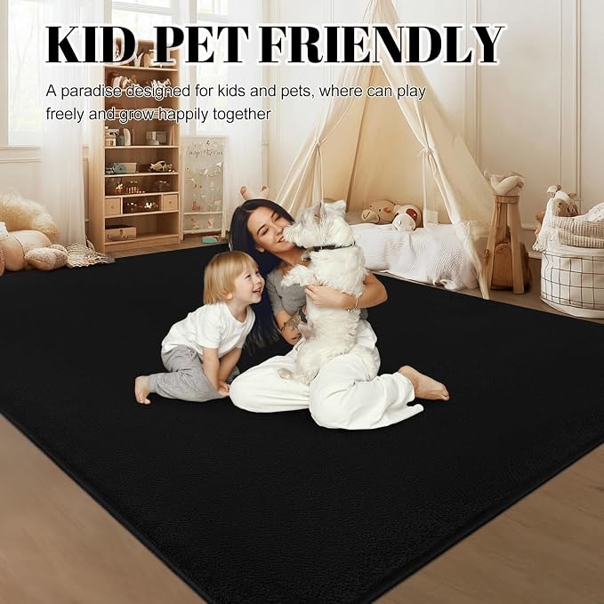 qulint Black Rug for Bedroom 4x6, Washable Thickened Memory-Foam Indoor Rug for Living Room, Minimalist Modern Carpet Non Slip Comfy Alfombras for Student Kid Room Nursery College Dorm Home Decor