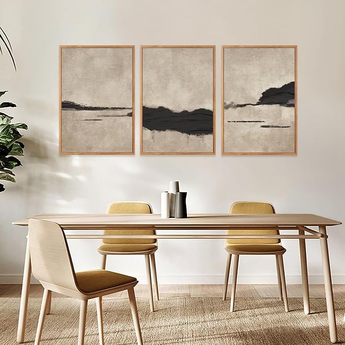 Large Abstract Black and Tan Framed Canvas Wall Art,Vintage Minimalist Wall Decor,Neutral Brush Stroke Artwork,Modern Textured Art Print for Living Room,Bedroom,Office- 16"x24"x3