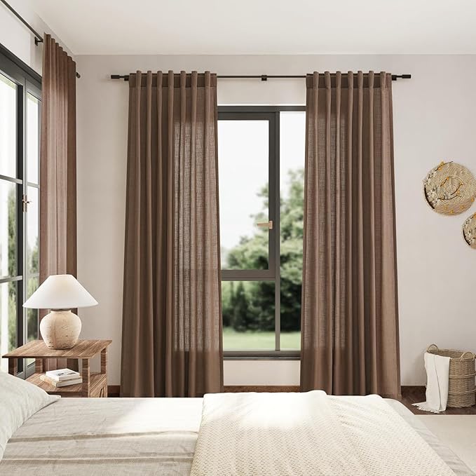 Caramel Brown Linen Curtains for Living Room 94 Inches Long Back Tab and Rod Pocket Light Filtering Semi Sheer Vintage Rustic Curtain Luxury Boho Decor Drapes for Bedroom Office 52x94, 2 Panels