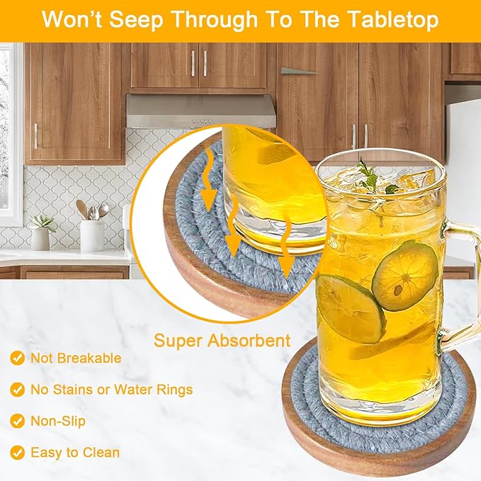 Eykao Drink Coasters Set of 5, Coasters for Drinks Absorbent, Wood Coasters for Coffee Table, Housewarming Gift for Farmhouse Home Decor,4 inches (Brown & Gray)