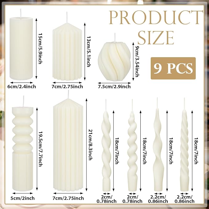 Nuanchu 9 Pcs Modern Decorative Candles Set 5 Pillar Aesthetic Ribbed Candles 4 Spiral Taper Twisted Candlesticks Scented Smokeless Soy Wax for Wedding Holiday Dinner Home Decorations(White)