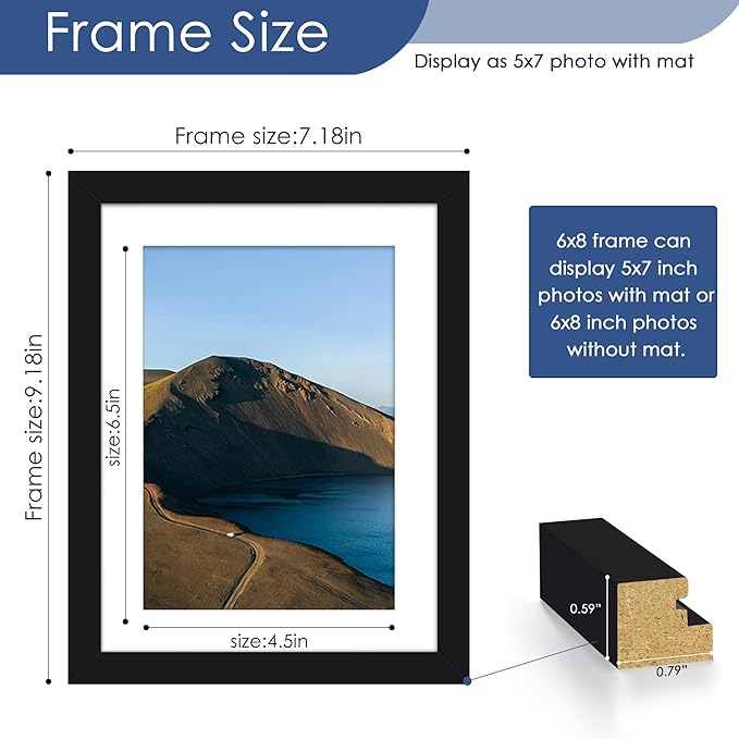 PEALSN 6x8 Picture Frame Set of 6, Display Pictures 5 x 7 with Mat or 6 x 8 without Mat for Wall Mounting or Table Top Display, Photo Frames Collage for Wall Decor, Black.