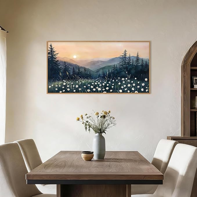 KAIRNE Mountain Floral Landscape Framed Canvas Wall Art Set,Watercolor Forest Wall Decor,Misty Pine Tree Art Prints,Nature Sunset Scenery Artwork for Living Room,Bedroom,Farmhouse,Office-40 x20 x1