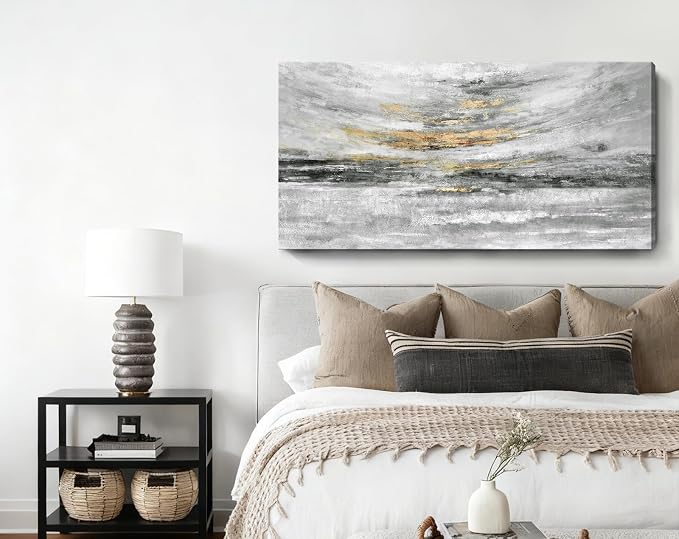 Nicetop Large 48x24 Inch Black White Gold Abstract Canvas Wall Art, Modern Coastal Ocean Art, Minimalist Wall Decor Ready to Hang for Living Room Bedroom Bathroom Office