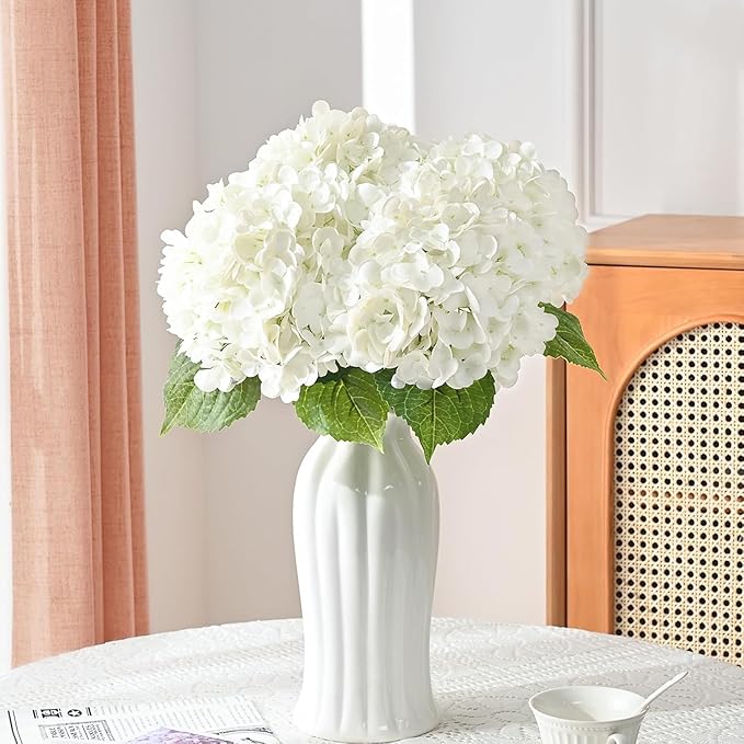 MARTINE MALL 5Pcs 21in Hydrangea Artificial Flowers, Latex Real Touch Hydrangeas Lifelike Large Hydrangea Flowers for Home Decor Party Arrangements Wedding Bouquets Centerpieces (White)