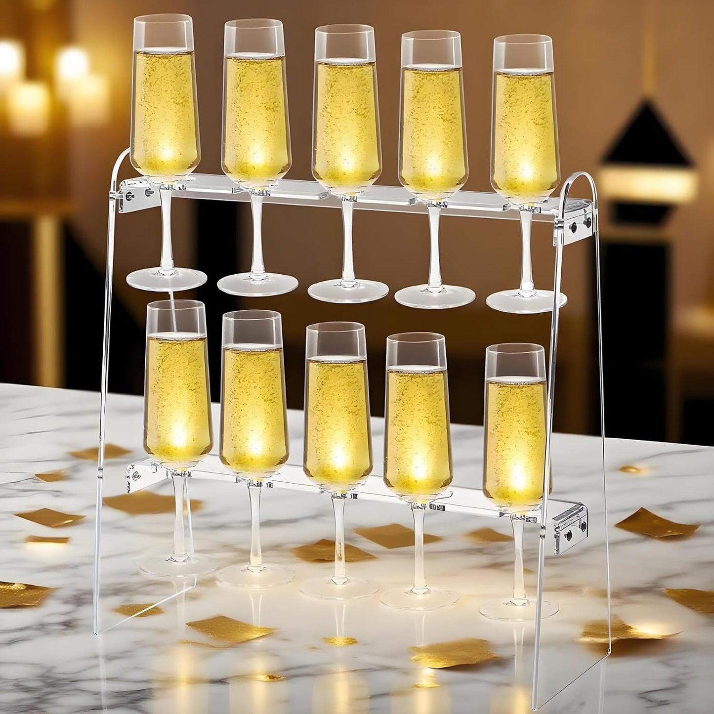 Tosnail 2-Tier Champagne Flute Glass Holder Stand, 10 Slots Champagne Flute Tabletop Stemware Hanging Display Rack for Party, Fits Up to 9 Inch Glasses