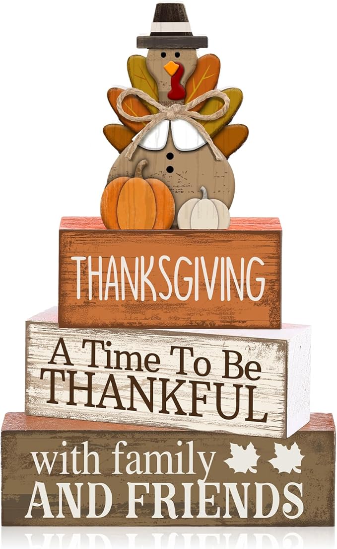 Lineshading 4 Pcs Thanksgiving Decoration for Home Wooden Turkey Decor Thanksgiving Table Centerpiece Fall Tiered Tray Decor Rustic Decorative Turkey Block Signs Gift for Home Kitchen Shelf