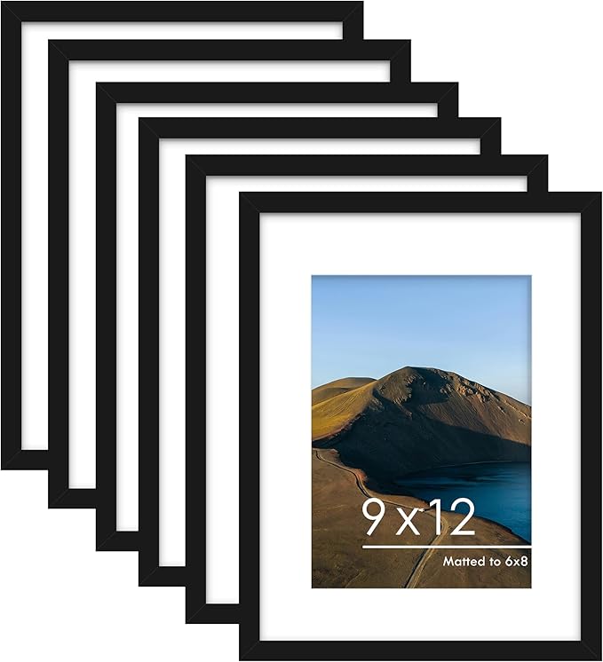 PEALSN 9x12 Picture Frame Set of 6, Display Pictures 6x8 with Mat or 9x12 without Mat for Wall Mounting or Table Top Display, Photo Frames Collage for Wall Decor, Black