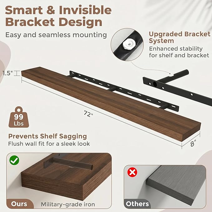 72 Inch Floating Shelves for Wall, 8"D Wood Storage Shelves, Walnut Finish | Engineered Wood, Invisible Bracket, Large Storage, Easy Install, Hold Up to 99lbs, Living Room, Bathroom, Bedroom, Kitchen