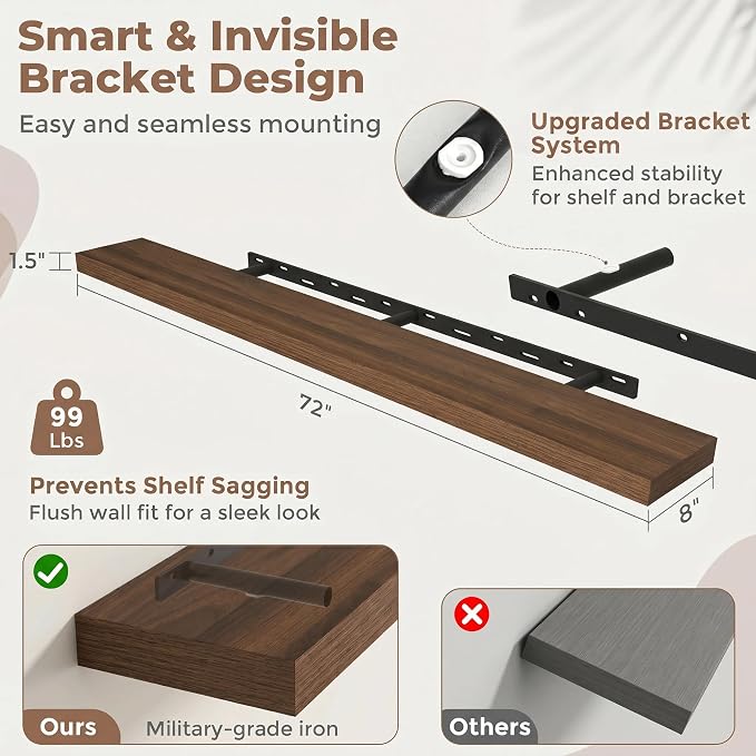 72 Inch Floating Shelves for Wall, 8"D Wood Storage Shelves, Walnut Finish | Engineered Wood, Invisible Bracket, Large Storage, Easy Install, Hold Up to 99lbs, Living Room, Bathroom, Bedroom, Kitchen