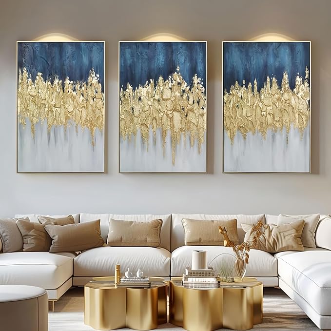 Zessonic Abstract Wall Art Hand-Textured Modern - Set of 3, Emerald Green Blue and Gold - 24x36inch, Framed