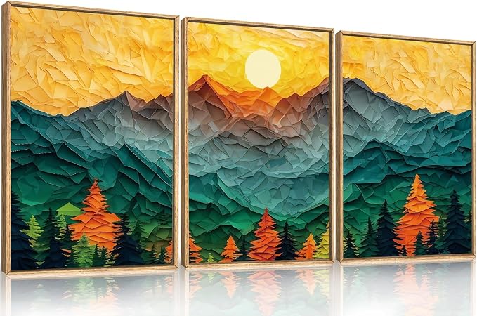 Abstract Boho Mountain Framed Canvas Wall Art Set,Golden Teal Pine Tree Sunset Wall Decor,Papercraft Sun Forest Landscape Art Print for Living Room,Bedroom,Dining Room,Office-16 x24 x3