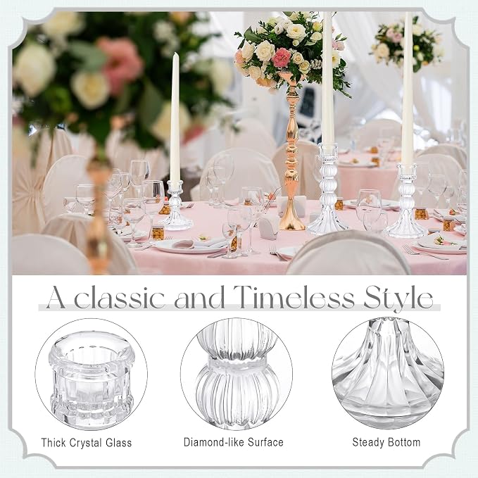 Mumufy 12 Pack Glass Taper Candle Holders Clear Candlestick Holder Fit 0.8 Inch Candles 4'' 6'' 8'' Tall Crystal Decorative Candlestick Stand Centerpiece for Table Wedding Dining Party (Vertical)