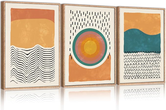 HPINUB Boho Abstract Framed Canvas Prints Wall Art Set, Mid-Century Color Block Shape Wall Decor, Minimalist Illustrations Art Photos for Living Room, Bedroom, Dining Room, Office, Bathroom-24 x36 x3
