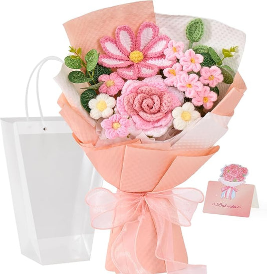 Alecono Crochet Flower Bouquet, Knitted Flowers, Pink Handmade Bouquet of Flowers for Mother's Day Anniversary Birthday Party Graduation Valentine's Day Gifts (Include Card)