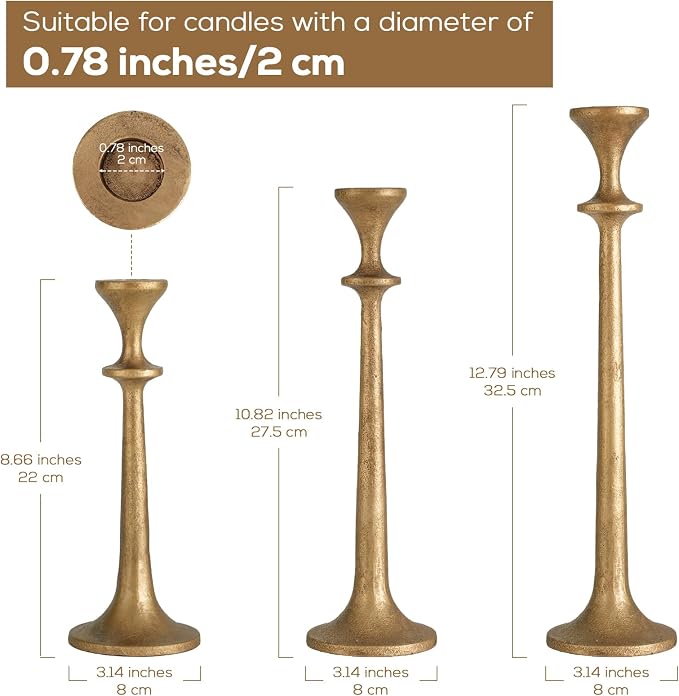 Gold Taper Candle Holders Set of 3 Heavy Cast Iron Antique Brass Candlestick Holder for Table Centerpiece Vintage Decorative Candelabra for Home Decor Fireplace Wedding Holiday Christmas Halloween