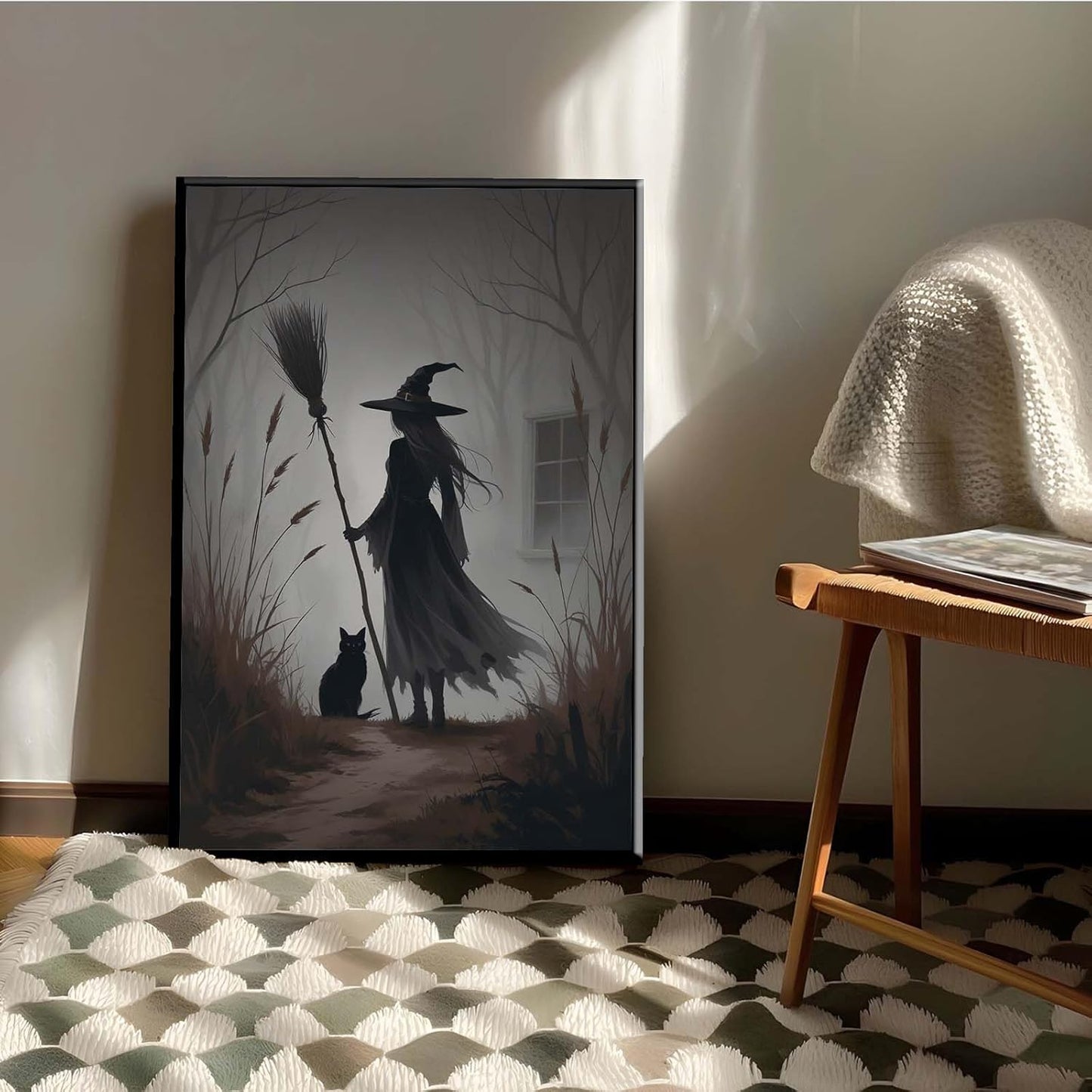 JFHCQJPK Vintage forest witch and black cat poster Halloween mural poster decoration mural art magic suitable for home living room bedroom24x36in Metal blackFramed