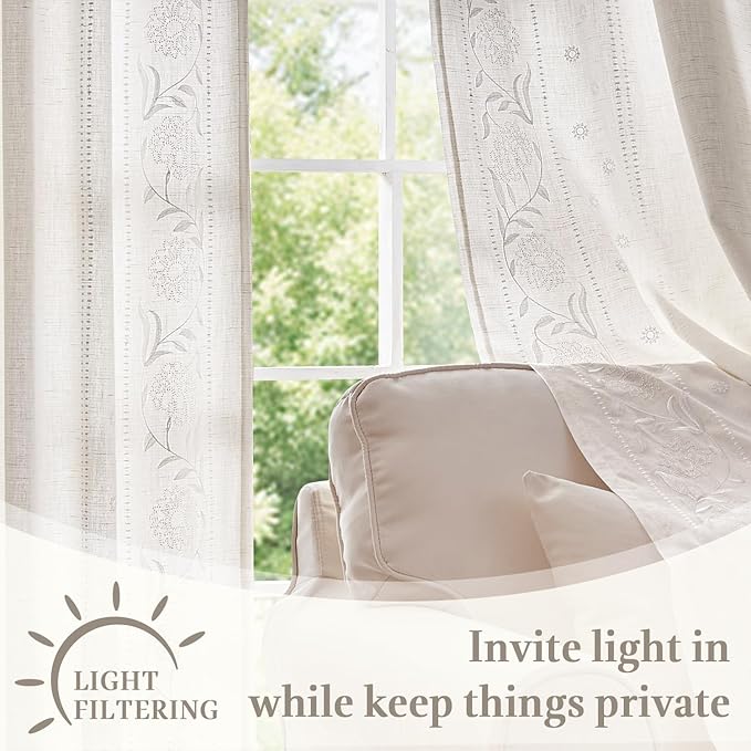 jinchan Winslow Lined Linen Curtains for Bedroom 63 Inches Linen Blended Embroidered Bordered Floral Curtains for Living Room Farmhouse Decor Window Treatments White on White Drapes 2 Panels