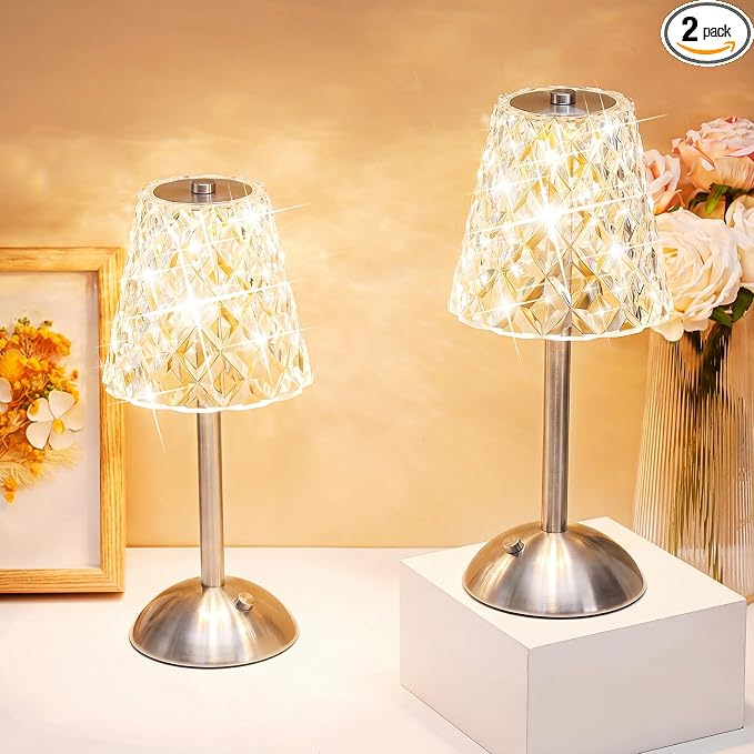 Liliful 2 Pcs Cordless Table Lamp Rechargeable Touch LED Small Gold Portable Battery Operated USB-c Desk Lamp 3 Color Dimmable for Bedroom Living Room Dining (Silver,Diamond Style)
