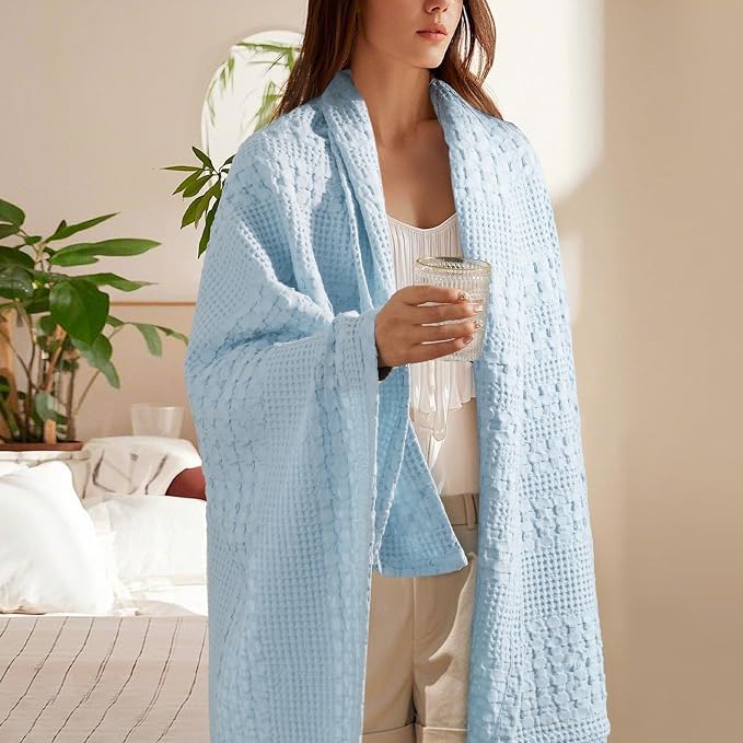 PHF 100% Cotton Waffle Throw Blanket for Couch, Lightweight Breathable and Soft for Summer, Luxury Aesthetic Waffle Weave Blanket for Home Decor & Office, Gifts for Women, 50"x60", Baby Blue