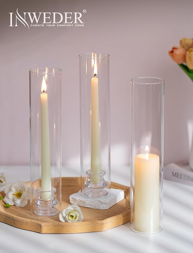 Glass Hurricane Candle Holder: 12" Tall Candlestick Holder Bulk with Cylinder Windproof Cover Set of 10 Clear Taper Candle Holders for Wedding Party Birthday Christmas Decor
