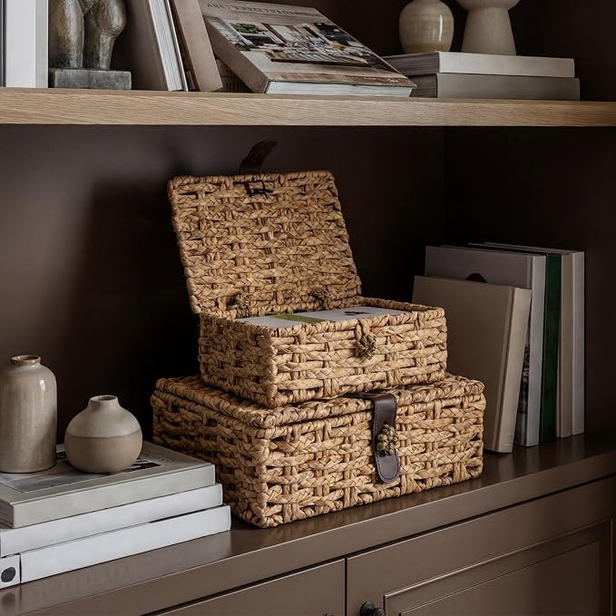 Novabright 2 Pcs Seagrass Storage Basket Box with Lid Decorative Box Storage Basket with Lid Rectangular Woven Shelf Baskets Bins for Table Home Decor Organize, 14.7 x 11 x 5 & 11 x 8 x 4 Inch