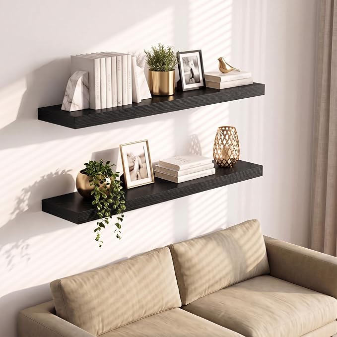 Vivelove Black Floating Shelves for Wall with Invisible Brackets, 16 Inch Floating Shelf for Bathroom Bedroom Living Room Kitchen, 16" X 8" X 1.4", Set of 2 - Black