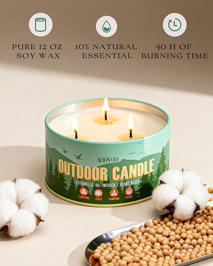 AOOVOO Citronella Candles Outdoor - 3 Wick 12oz Large Camping Candle, Soy Wax Non Toxic, Strong Citronella Scented Candle for Patio Backyard Garden Picnic
