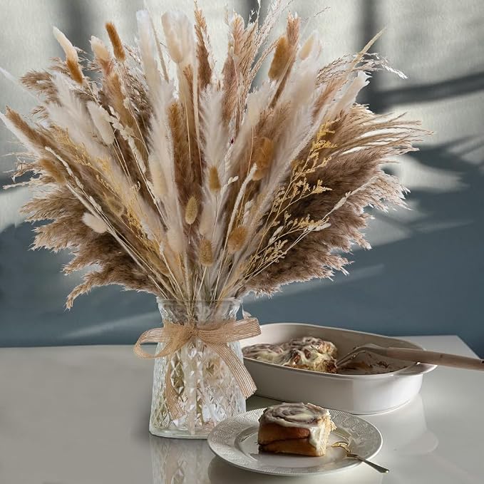 106pcs Artificial Flowers in Vase Natural Dried Pampas Grass Decor with Vase Boho Home Decor Bouquet Bunny Tails Dried Flowers, Reed Grass Bouquet for Wedding Floral Arrangements (106pcs)