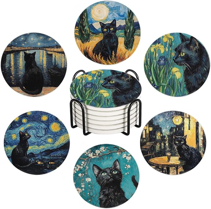 Drink Coasters for Drinks Set of 6, Art and Black Cat Absorbent Round Ceramic Stone Mat Coaster, with Cork Base and Metal Holder, Home Bar Decor House Warming Gift