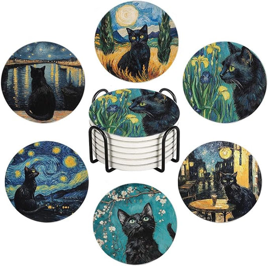 Drink Coasters for Drinks Set of 6, Art and Black Cat Absorbent Round Ceramic Stone Mat Coaster, with Cork Base and Metal Holder, Home Bar Decor House Warming Gift