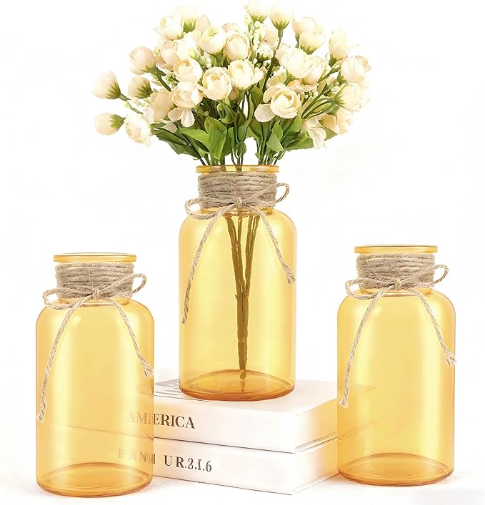 Vintage Glass Flower Vase, Farmhouse Glass Centerpiece Vases Mason Jars for Weddings, Parties & Home Decor Bulk (3, Gold)